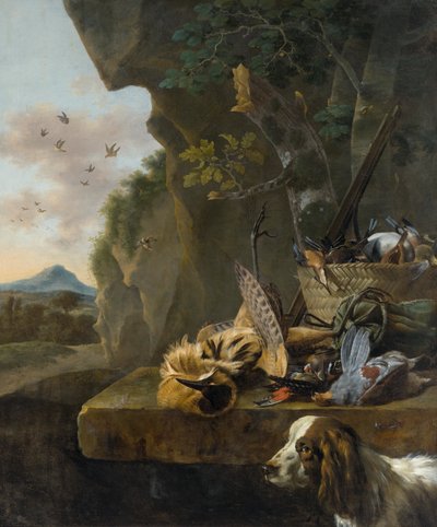 Hunting Still Life with a Bittern and a Dog in a Landscape by Jan Baptist Weenix